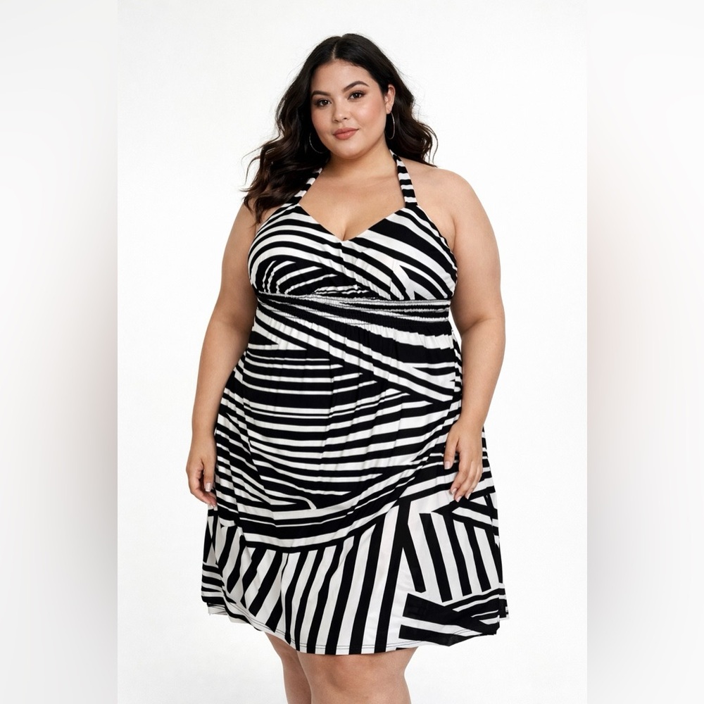 a.n.a Woman 2X Black White Halter Dress Empire Waist Striped Plus Size NWT